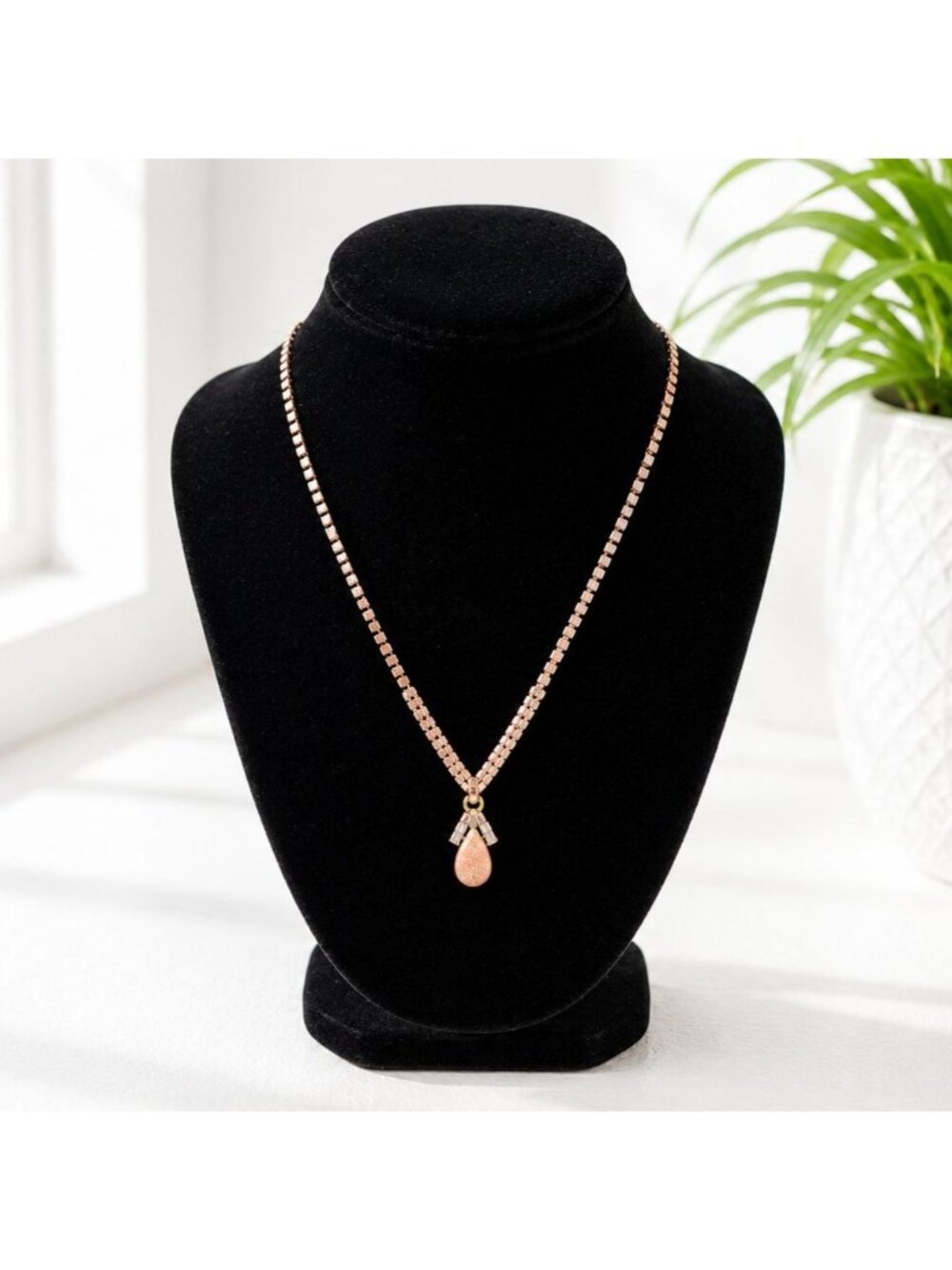 Vintage Rhinestone Necklace With Teardrop Pearl Pendant & Adjustable Chain Elega